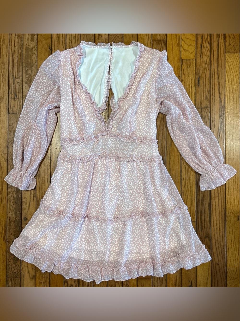 Blush Pink Ruffle Open Back Mini Dress Long Sleeve Size Large